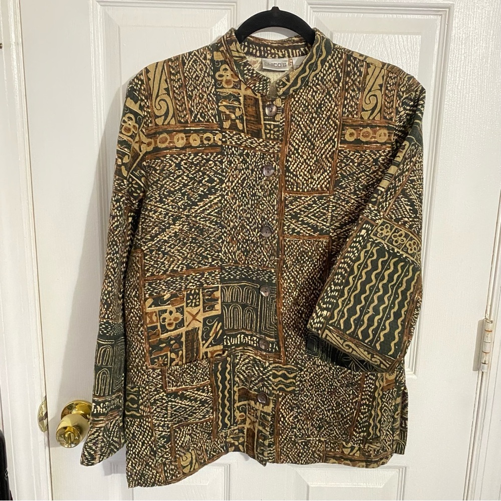 Chicos Jacket Size S Mixed Media Artisan Button Front Pockets Mandarin Collar